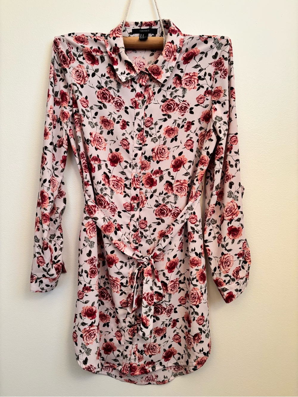 Forever 21 Pink Rose Print Long Sleeve Shirt Dress